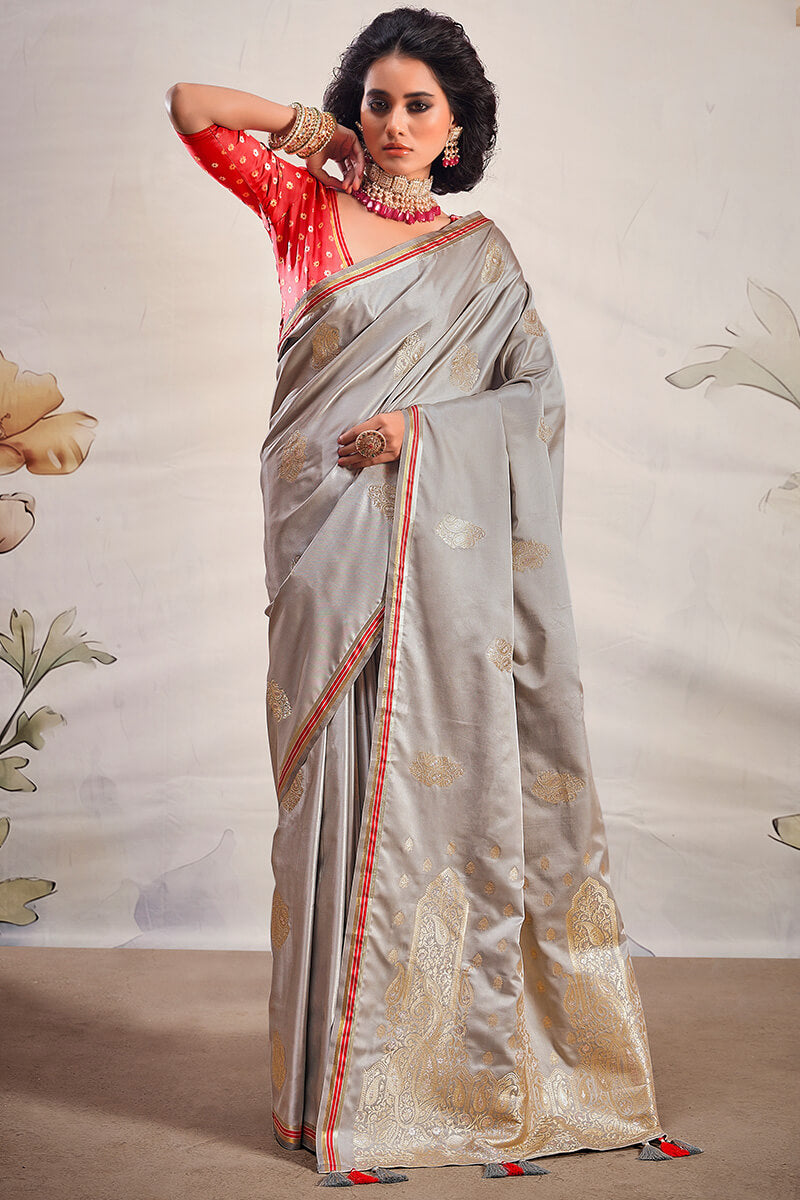 Attractive Grey Soft Banarasi Silk Saree With Lovely Blouse Piece - Surats Fabric