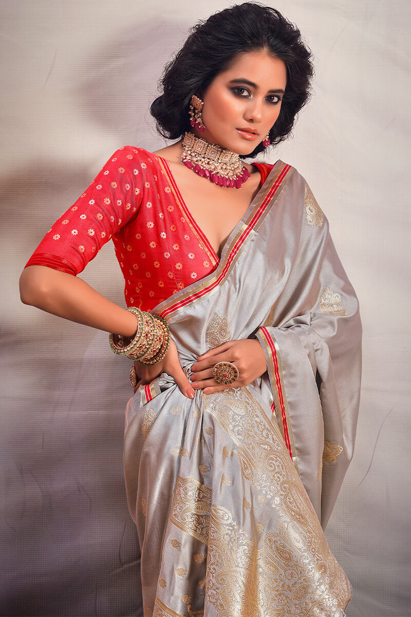Attractive Grey Soft Banarasi Silk Saree With Lovely Blouse Piece - Surats Fabric