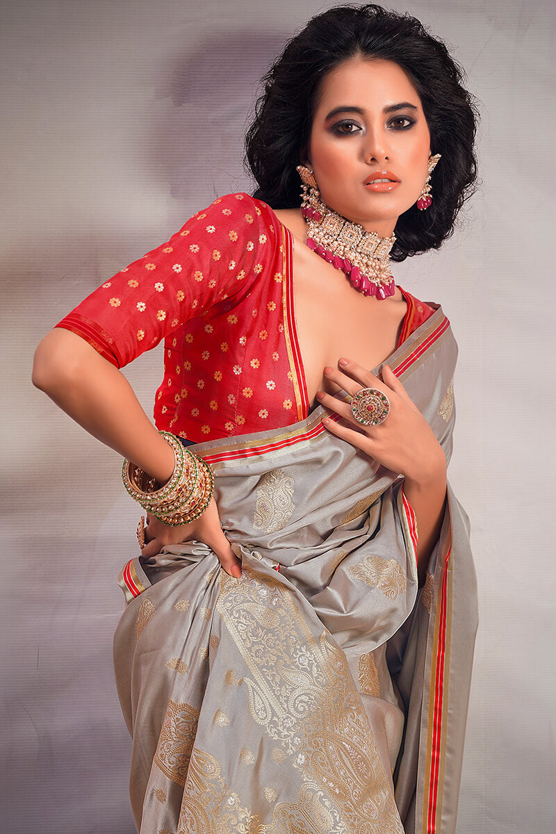 Attractive Grey Soft Banarasi Silk Saree With Lovely Blouse Piece - Surats Fabric