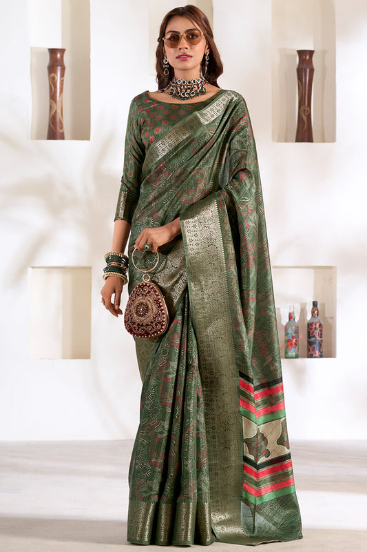 Beauteous Green Digital Printed Dola Silk Saree With Lassitude Blouse Piece - Surats Fabric
