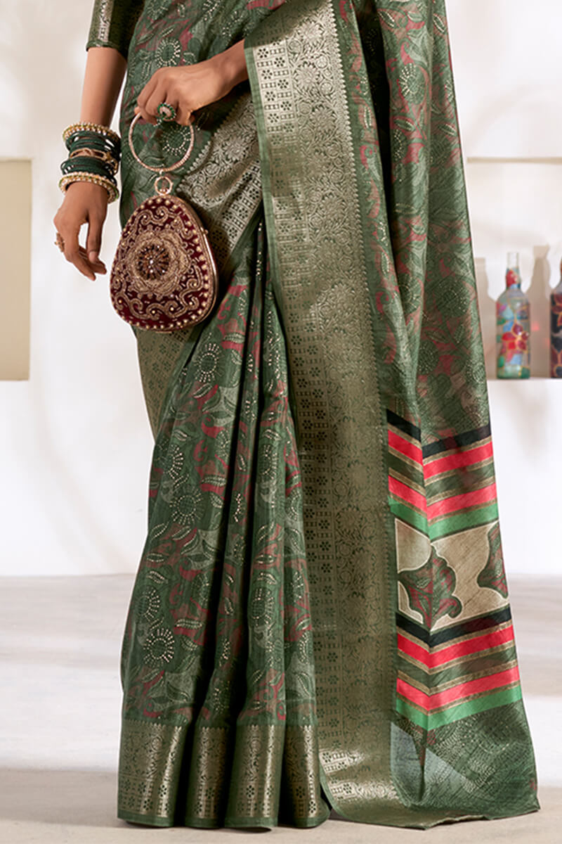 Beauteous Green Digital Printed Dola Silk Saree With Lassitude Blouse Piece - Surats Fabric