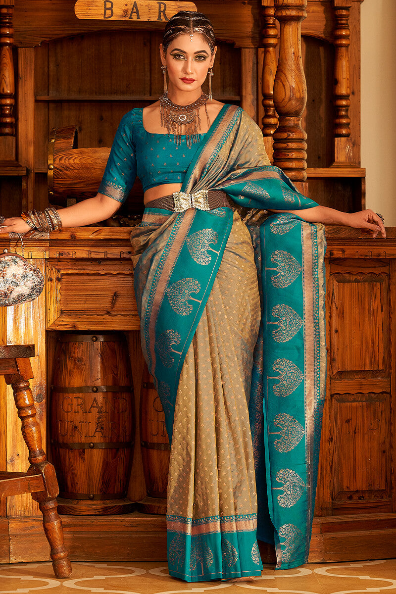Blissful Dark Beige Soft Banarasi Silk Saree With Stunner Blouse Piece - Surats Fabric