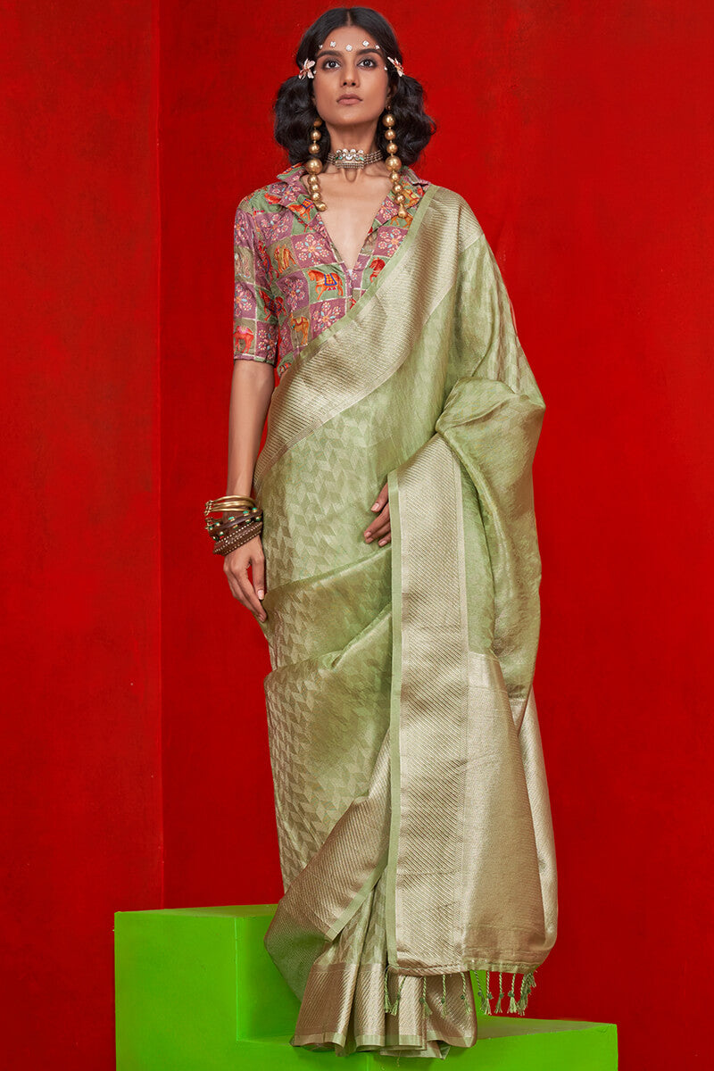Beauteous Green Soft Banarasi Tissue Silk Saree With Susurrous Blouse Piece - Surats Fabric