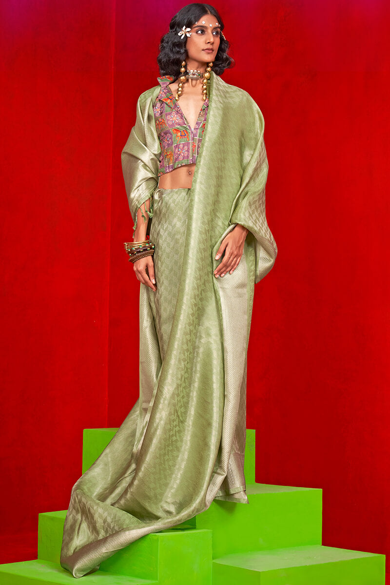 Beauteous Green Soft Banarasi Tissue Silk Saree With Susurrous Blouse Piece - Surats Fabric