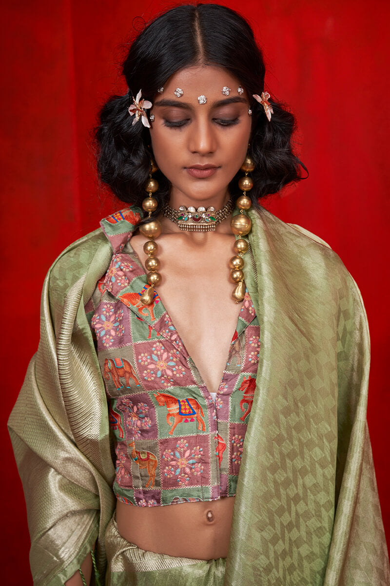 Beauteous Green Soft Banarasi Tissue Silk Saree With Susurrous Blouse Piece - Surats Fabric