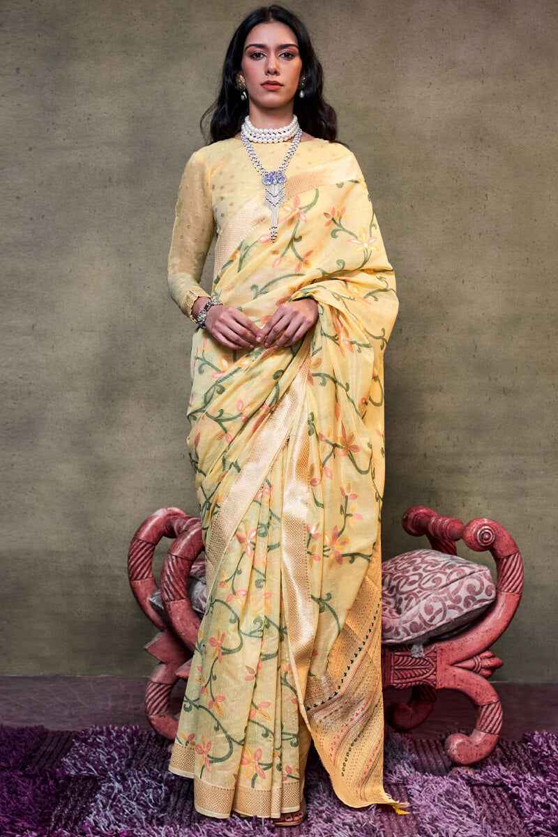 Allure Yellow Cotton Silk Saree With Opulent Blouse Piece