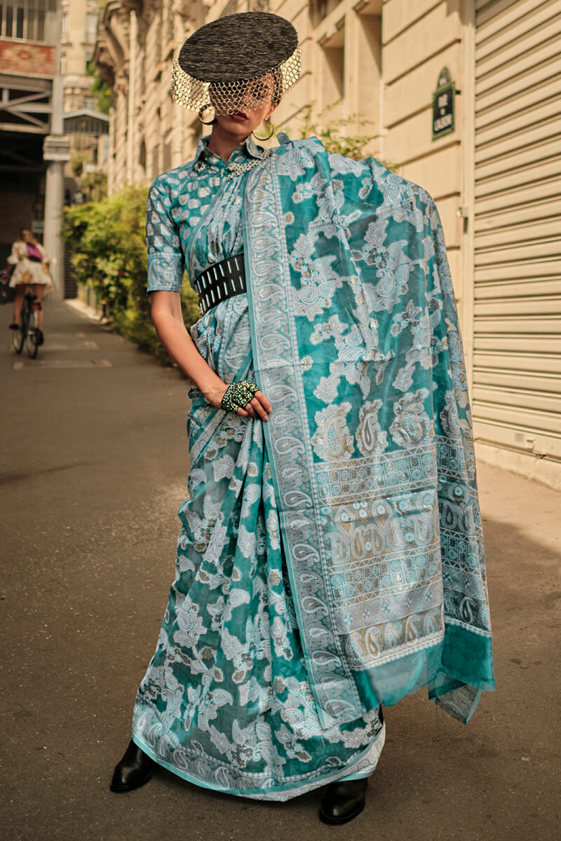 Bewitching Rama Lucknowi Silk Saree and Bucolic Blouse Piece - Surats Fabric