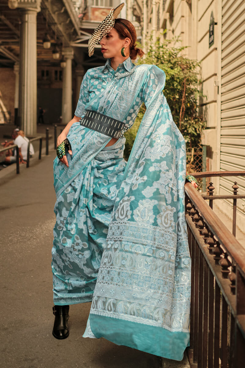 Bewitching Rama Lucknowi Silk Saree and Bucolic Blouse Piece - Surats Fabric