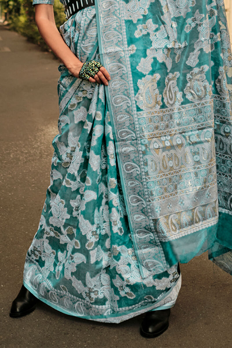 Bewitching Rama Lucknowi Silk Saree and Bucolic Blouse Piece - Surats Fabric