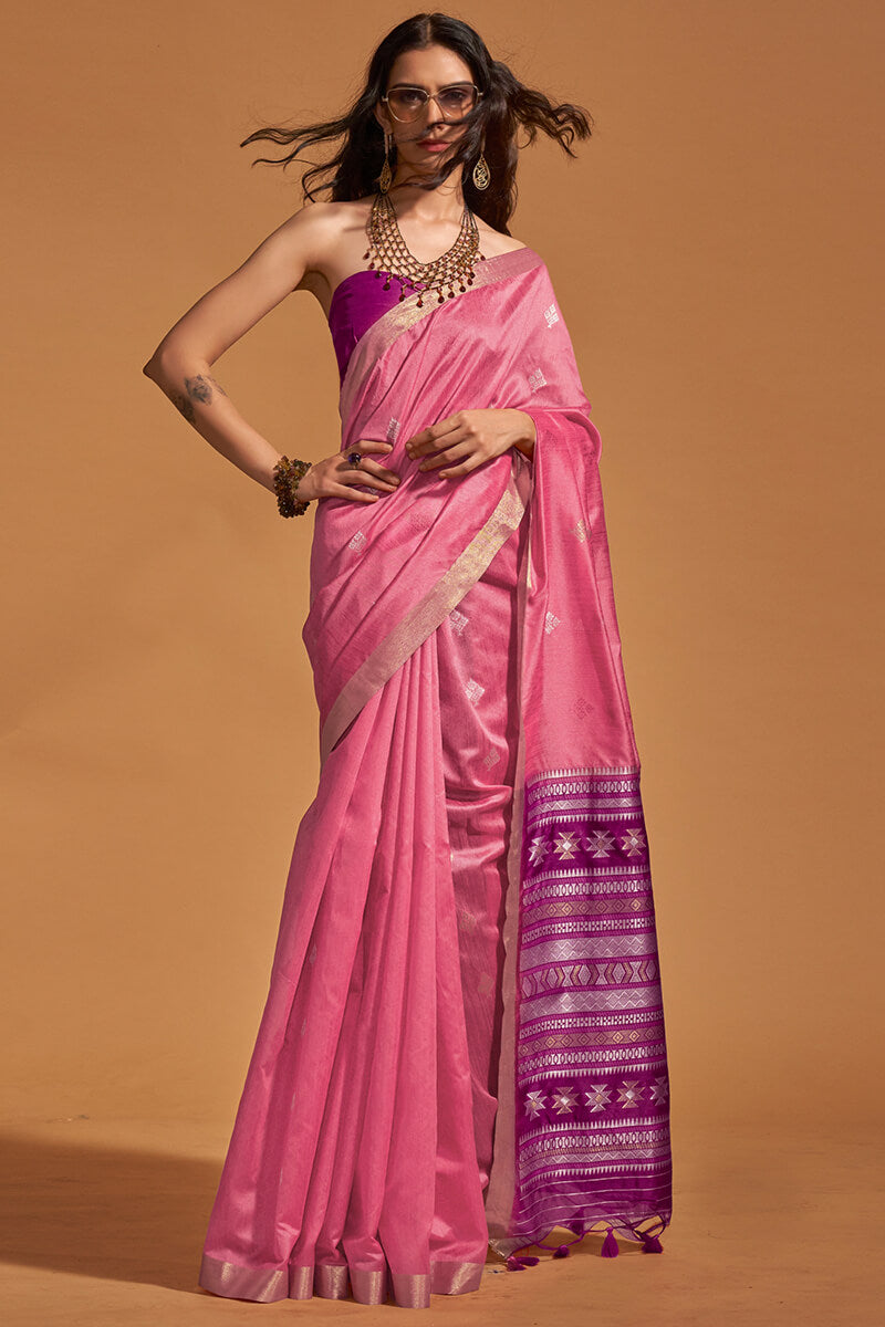 Blooming Pink Soft Banarasi Silk Saree With Delightful Blouse Piece - Surats Fabric