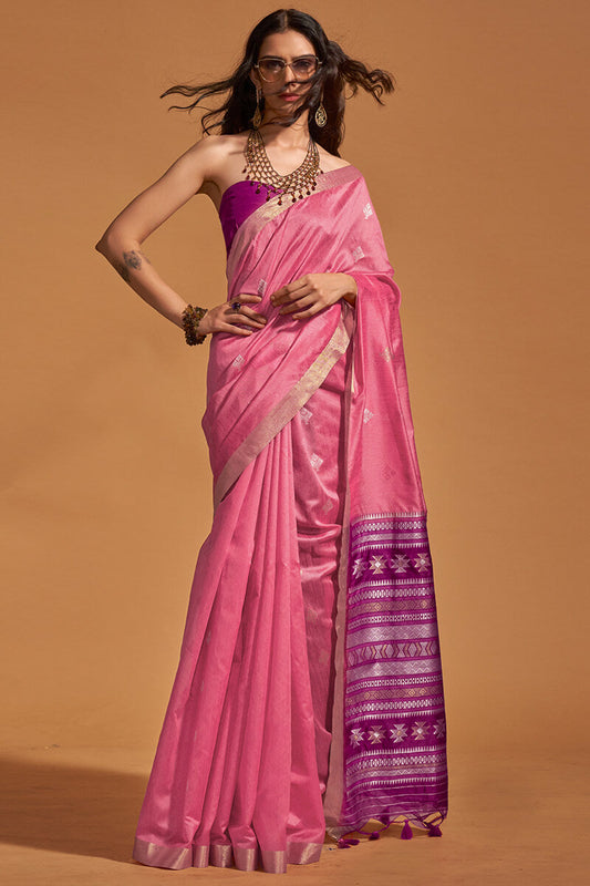 Blooming Pink Soft Banarasi Silk Saree With Delightful Blouse Piece - Surats Fabric