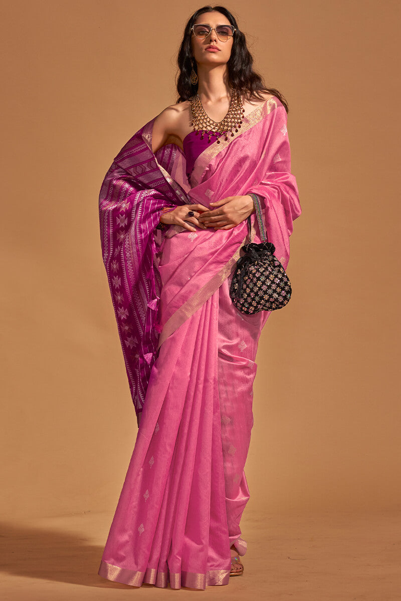 Blooming Pink Soft Banarasi Silk Saree With Delightful Blouse Piece - Surats Fabric