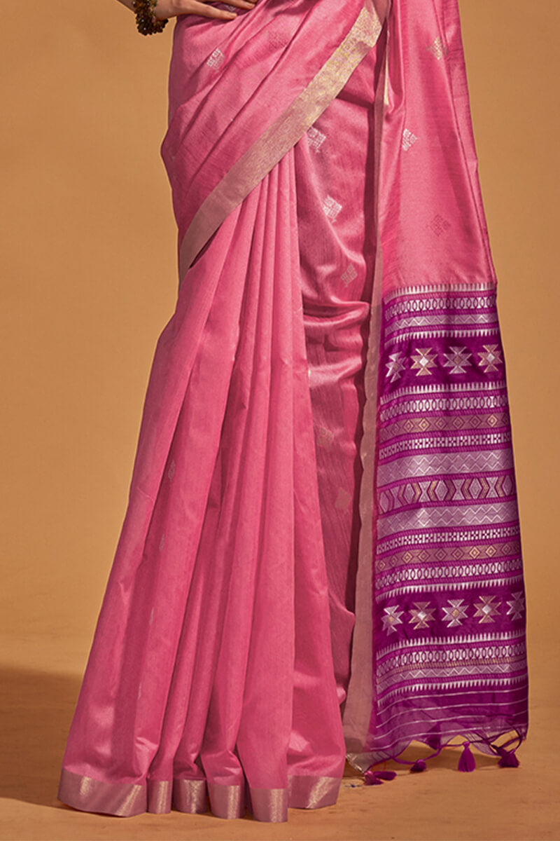 Blooming Pink Soft Banarasi Silk Saree With Delightful Blouse Piece - Surats Fabric