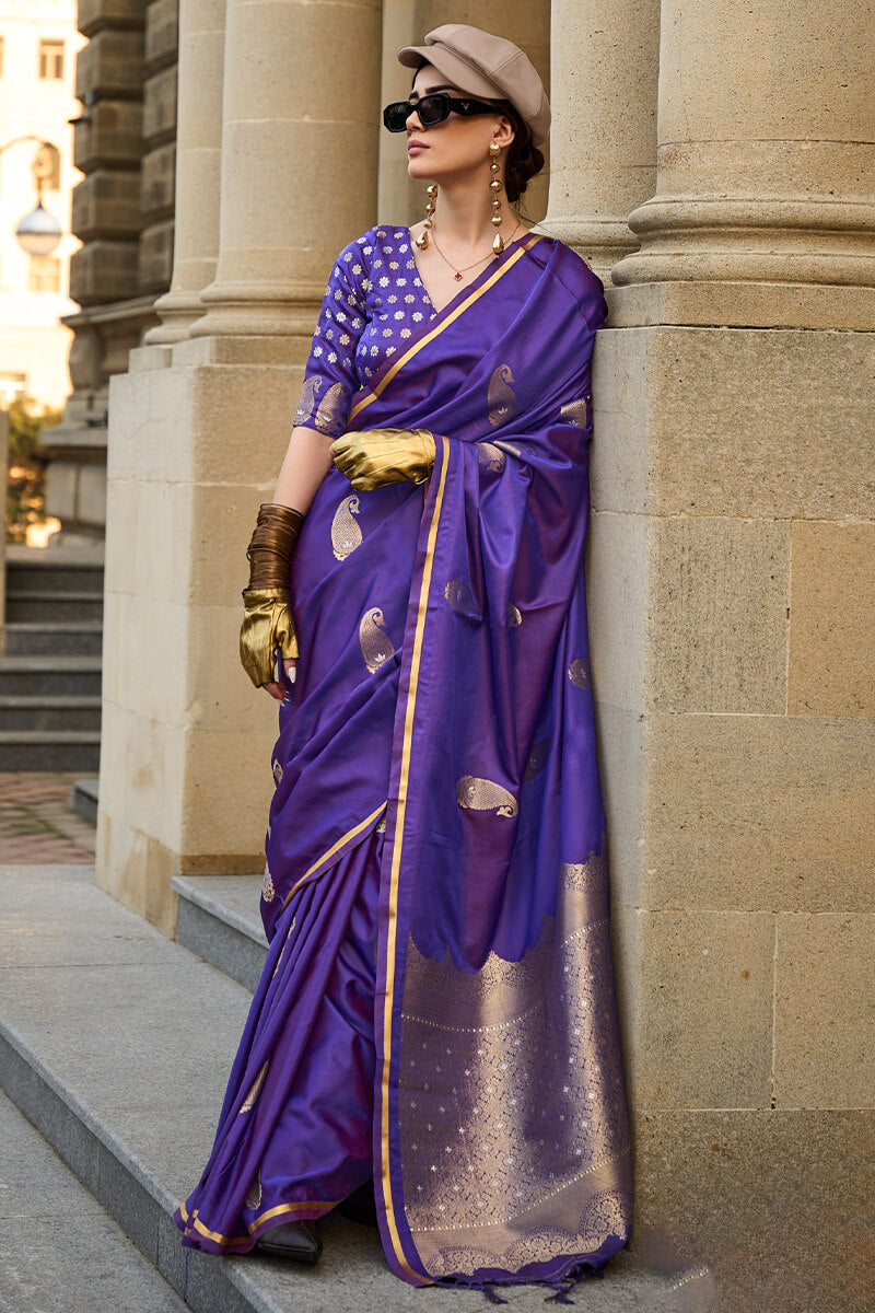 Appealing Purple Banarasi Satin Silk Saree With Demanding Blouse - Surats Fabric