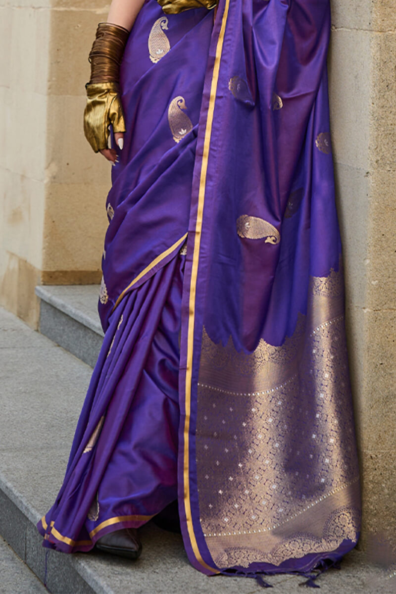 Appealing Purple Banarasi Satin Silk Saree With Demanding Blouse - Surats Fabric