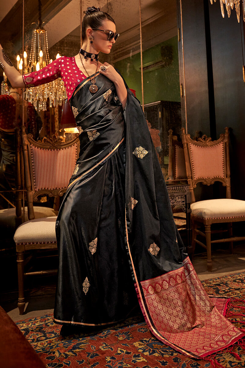 Beleaguer Black Banarasi Satin Silk Saree With Fugacious Blouse - Surats Fabric