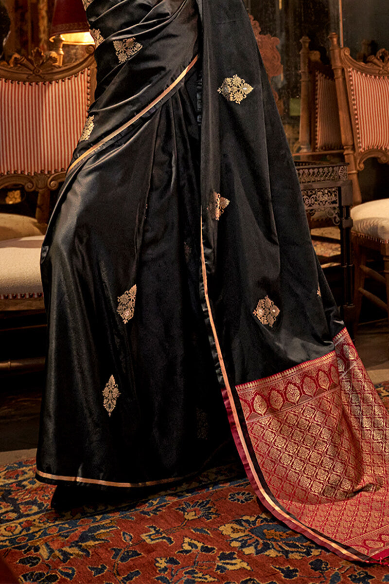 Beleaguer Black Banarasi Satin Silk Saree With Fugacious Blouse - Surats Fabric