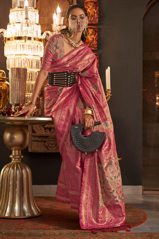 Arresting Dark Pink Soft Banarasi Silk Saree With Hypnotic Blouse Piece - Surats Fabric