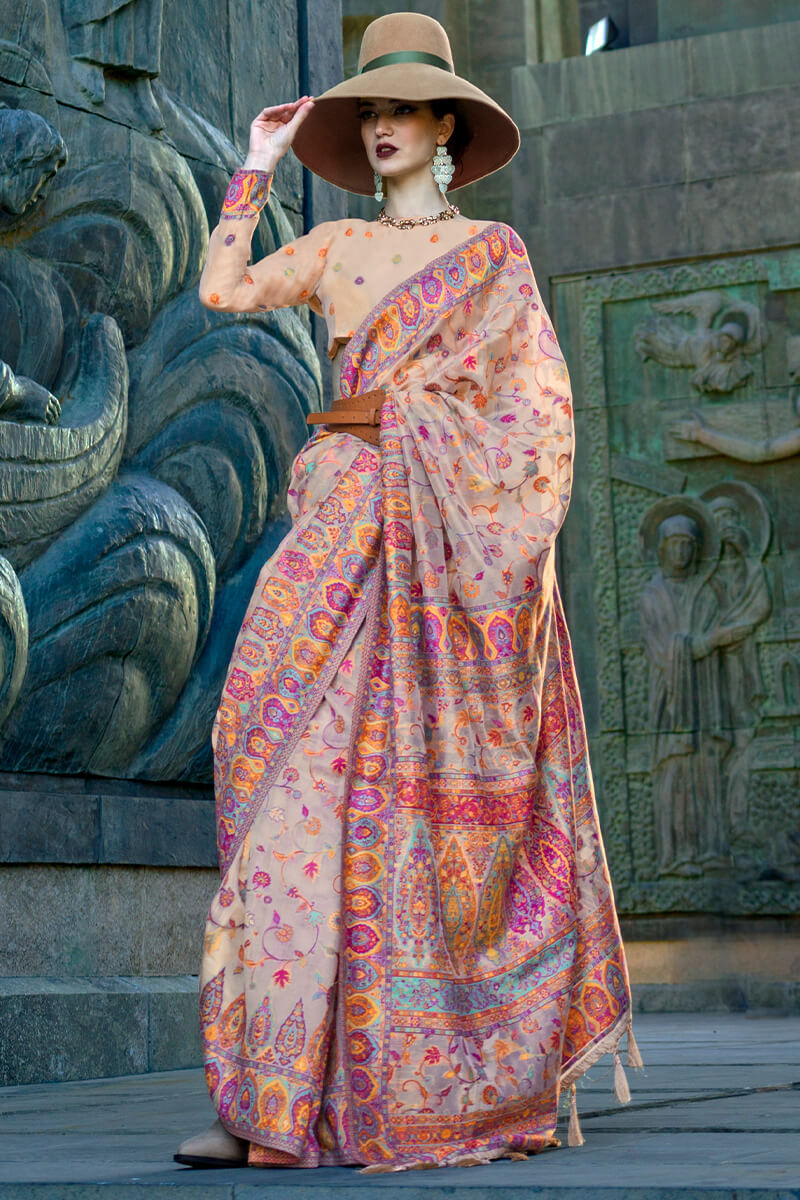 Bucolic Beige Pashmina Saree With Beauteous Blouse Piece - Surats Fabric