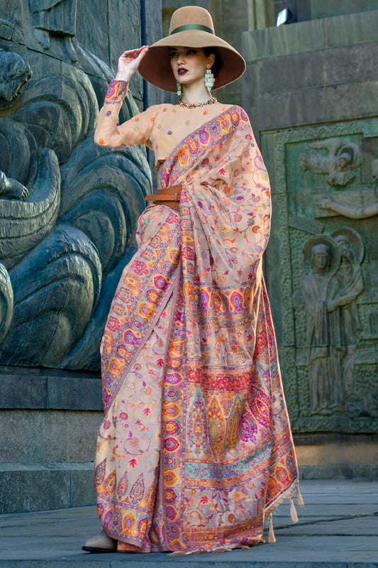 Bucolic Beige Pashmina Saree With Beauteous Blouse Piece - Surats Fabric