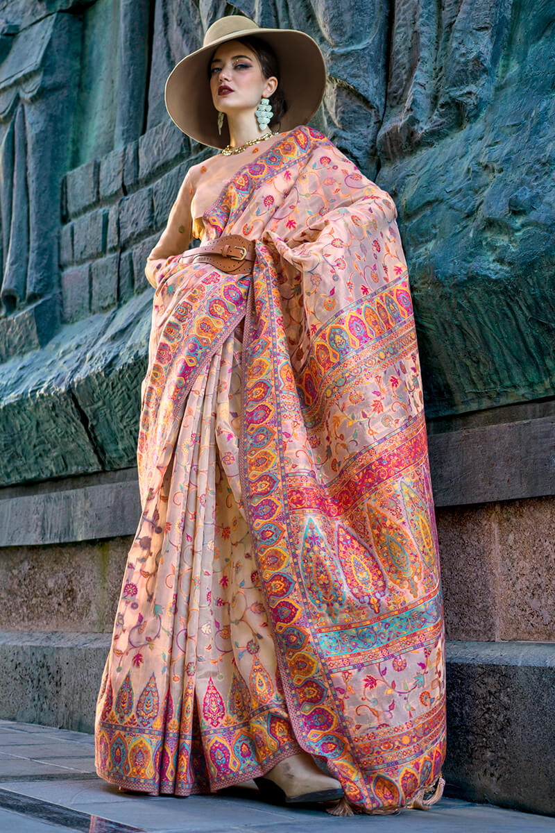 Bucolic Beige Pashmina Saree With Beauteous Blouse Piece - Surats Fabric