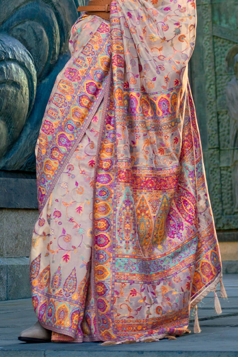 Bucolic Beige Pashmina Saree With Beauteous Blouse Piece - Surats Fabric