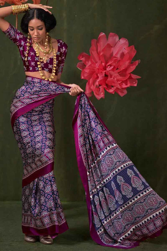Admirable Blue Ajrakh Printed Satin Silk Saree With Jubilant Blouse Piece
