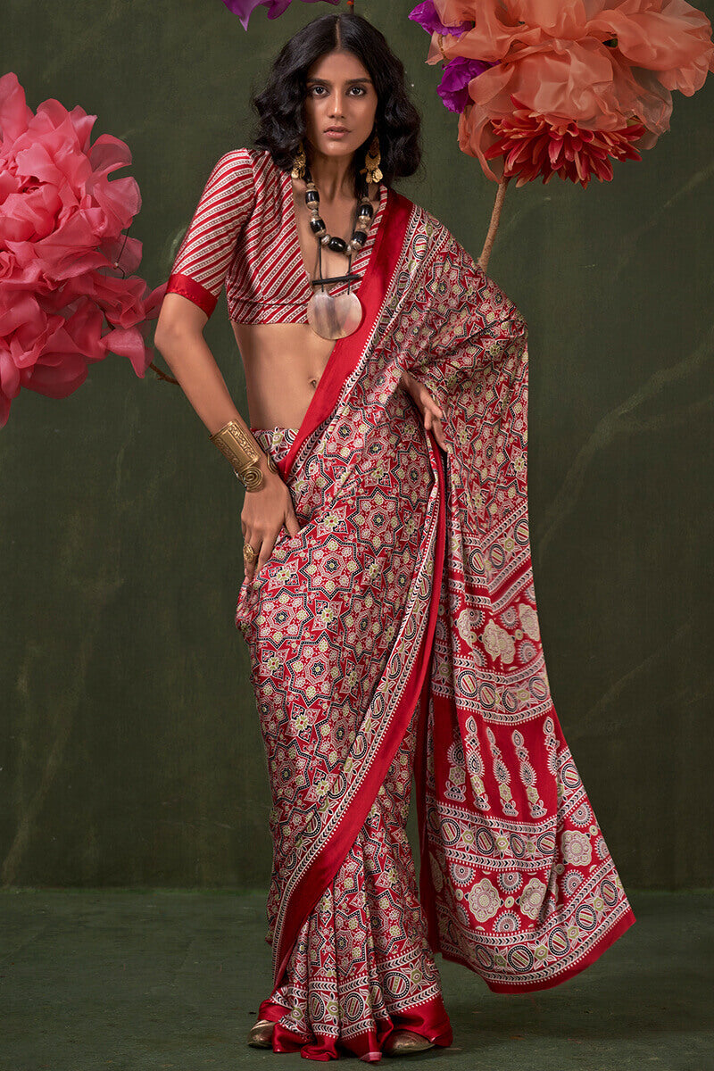 Bucolic Red Ajrakh Printed Satin Silk Saree With Propinquity Blouse Piece - Surats Fabric