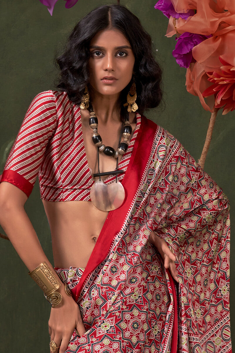 Bucolic Red Ajrakh Printed Satin Silk Saree With Propinquity Blouse Piece - Surats Fabric