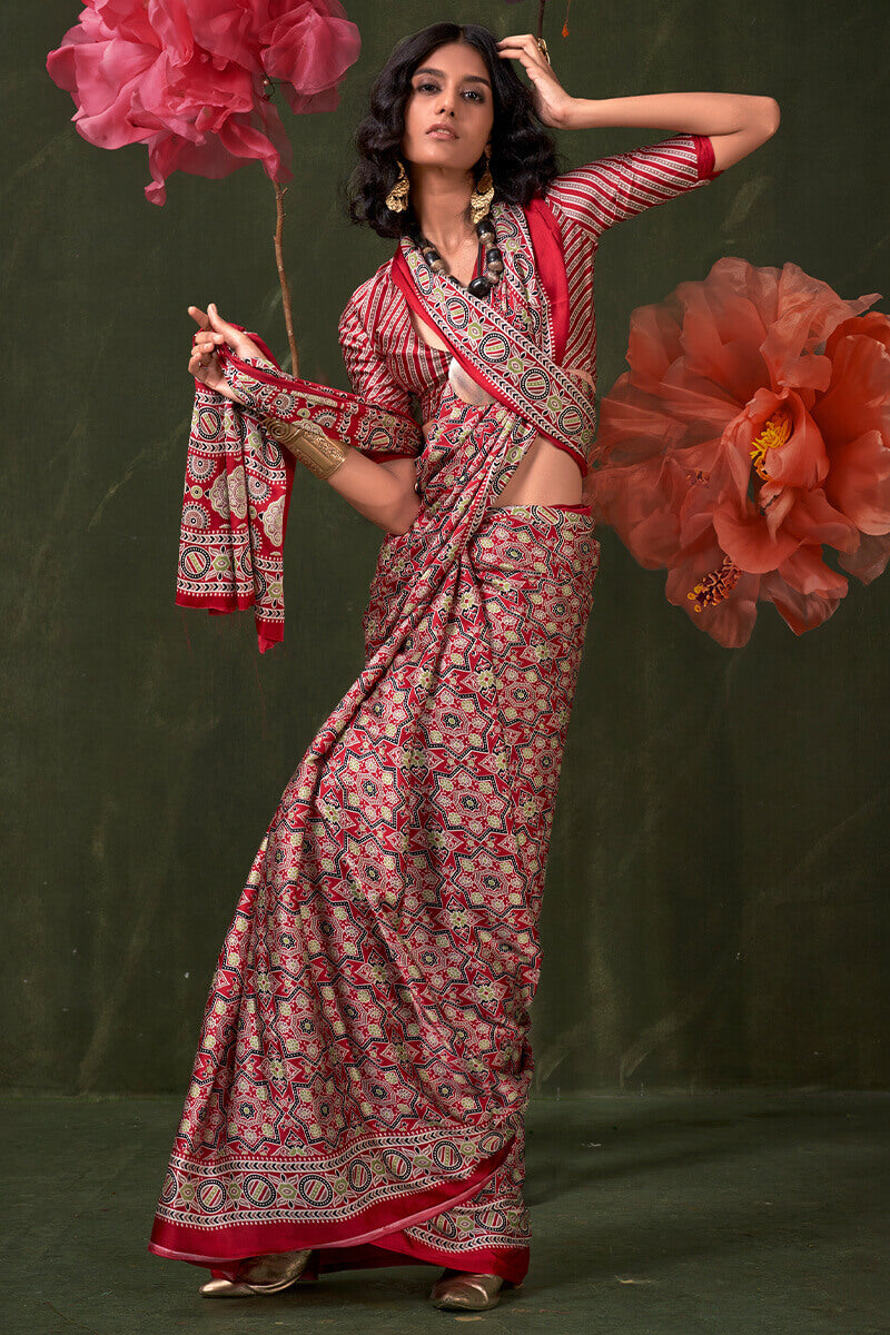 Bucolic Red Ajrakh Printed Satin Silk Saree With Propinquity Blouse Piece - Surats Fabric