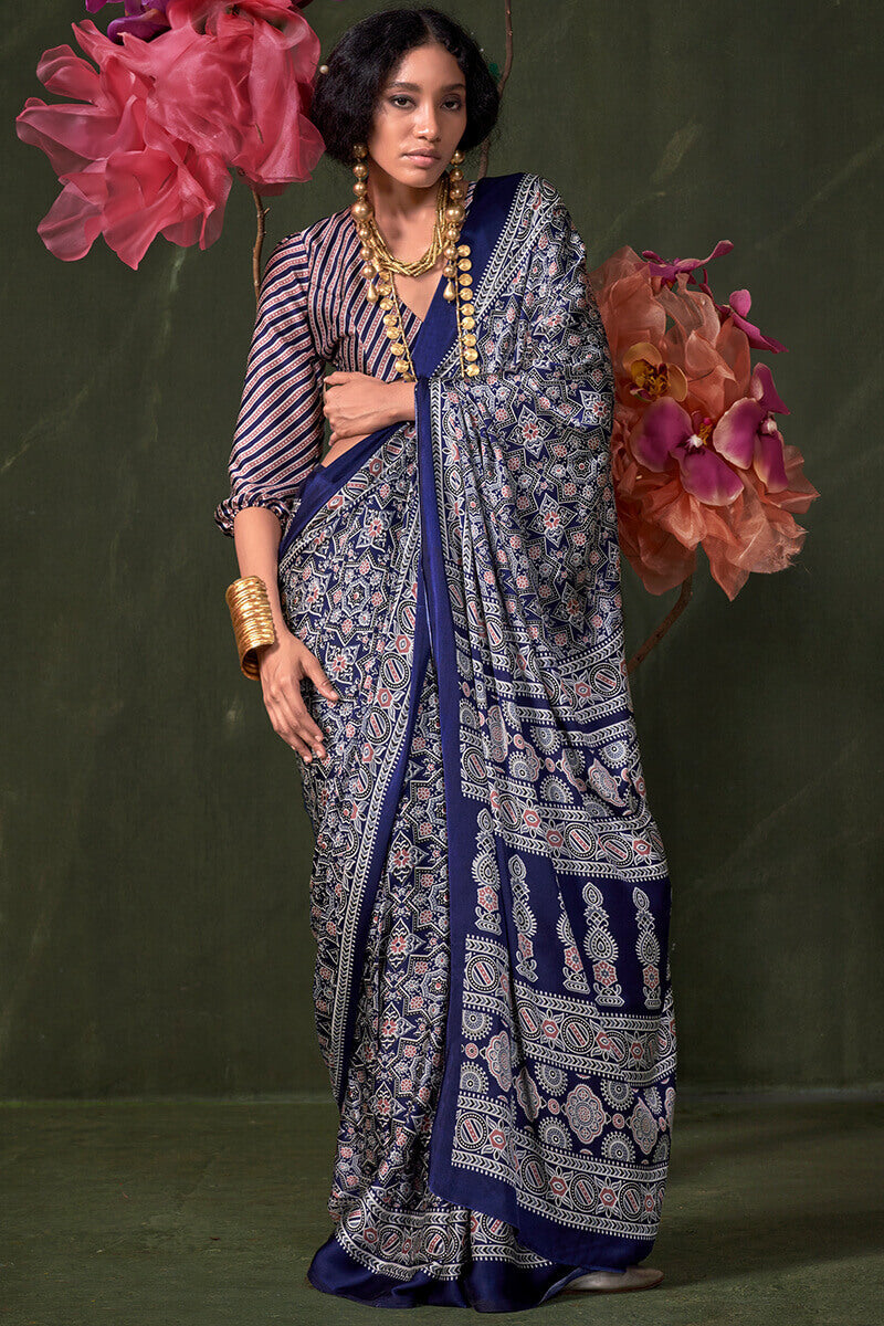 Appealing Navy Blue Ajrakh Printed Satin Silk Saree With Susurrous  Blouse Piece - Surats Fabric