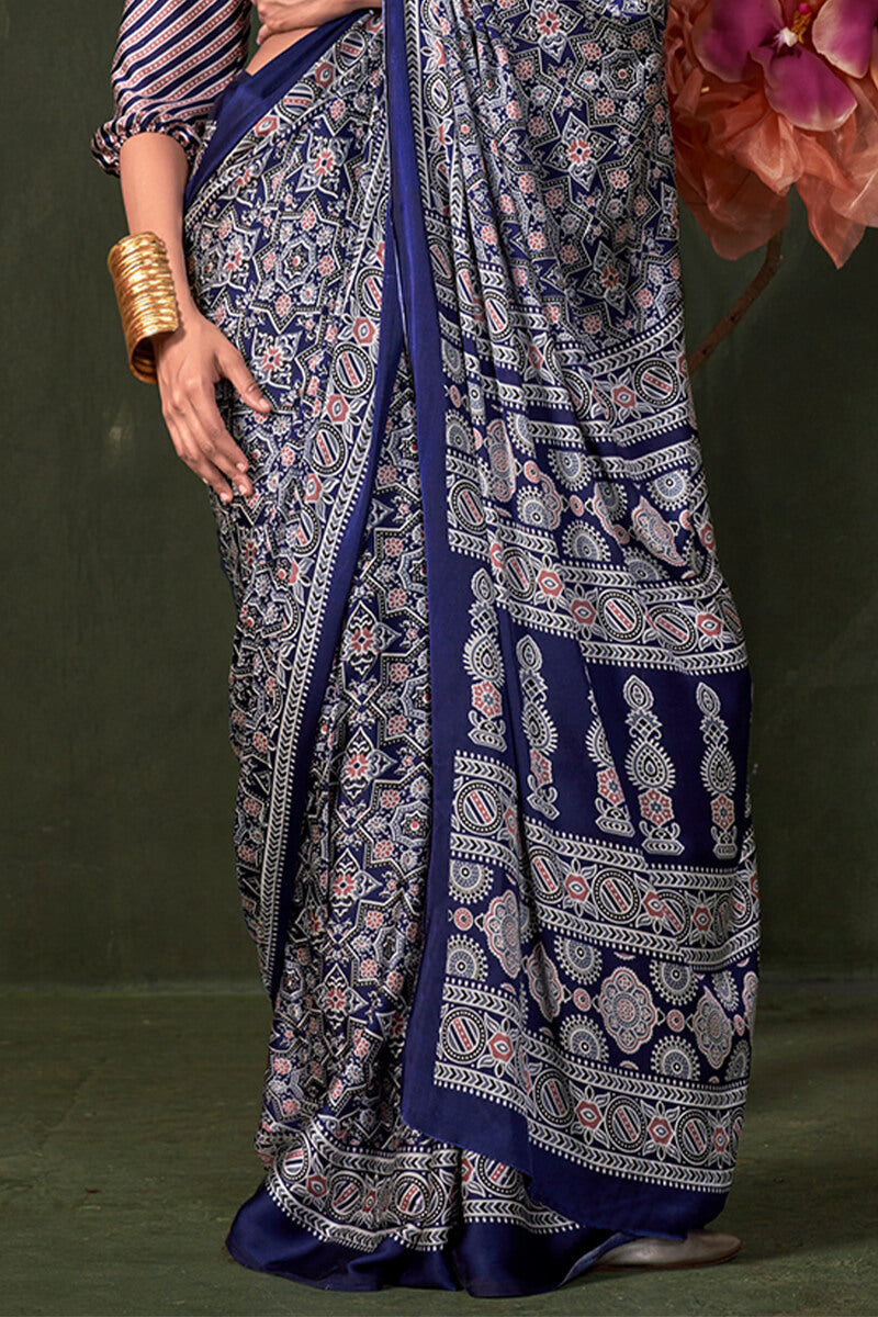 Appealing Navy Blue Ajrakh Printed Satin Silk Saree With Susurrous  Blouse Piece - Surats Fabric