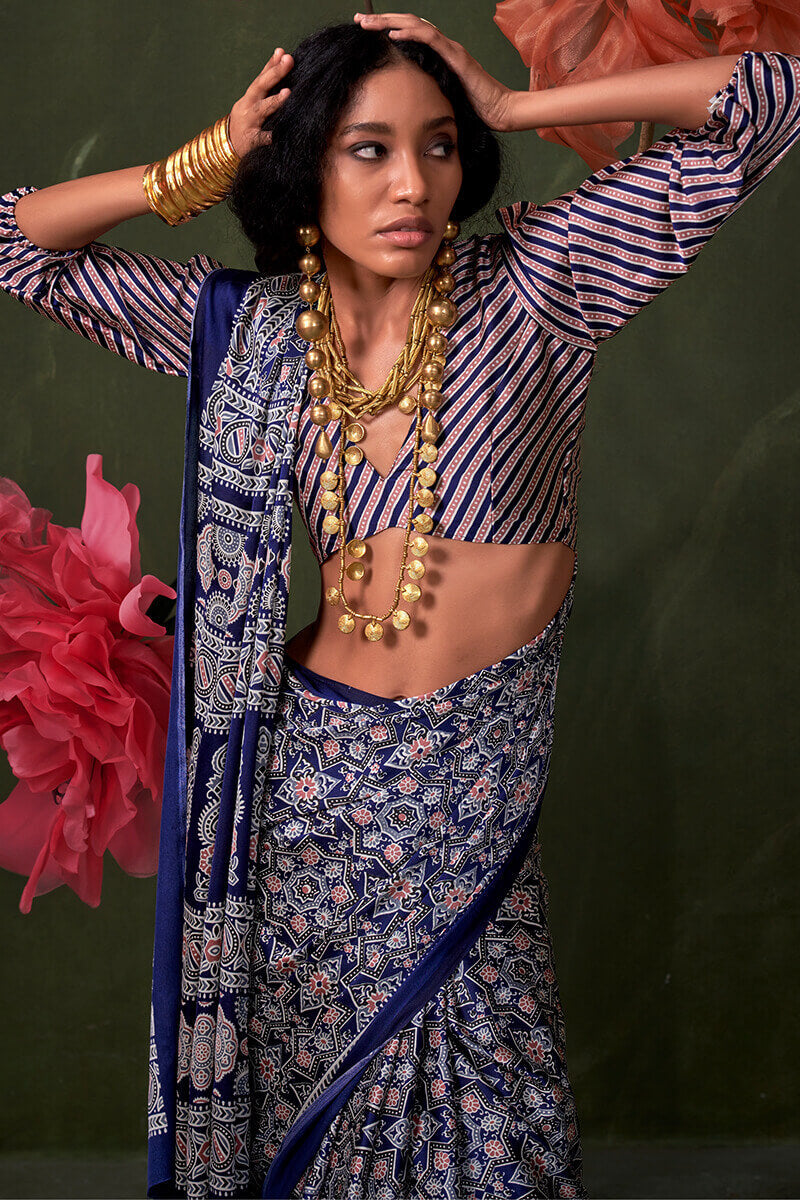 Appealing Navy Blue Ajrakh Printed Satin Silk Saree With Susurrous  Blouse Piece - Surats Fabric