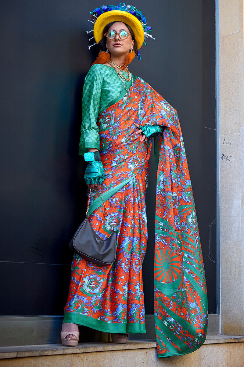Beguiling Orange Digital Printed Satin Silk Saree With Embellished Blouse Piece - Surats Fabric