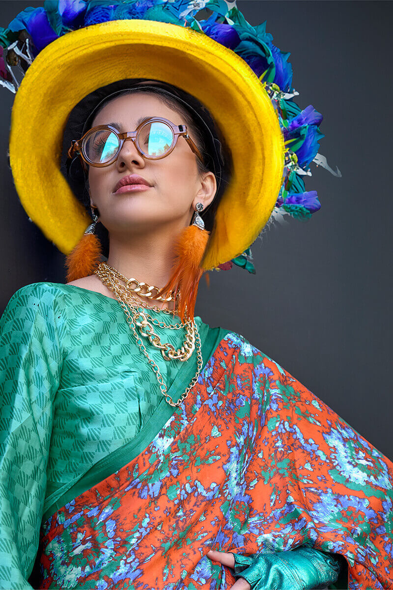 Beguiling Orange Digital Printed Satin Silk Saree With Embellished Blouse Piece - Surats Fabric