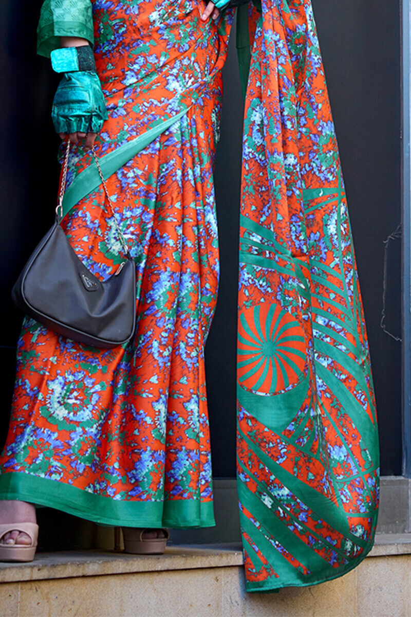 Beguiling Orange Digital Printed Satin Silk Saree With Embellished Blouse Piece - Surats Fabric
