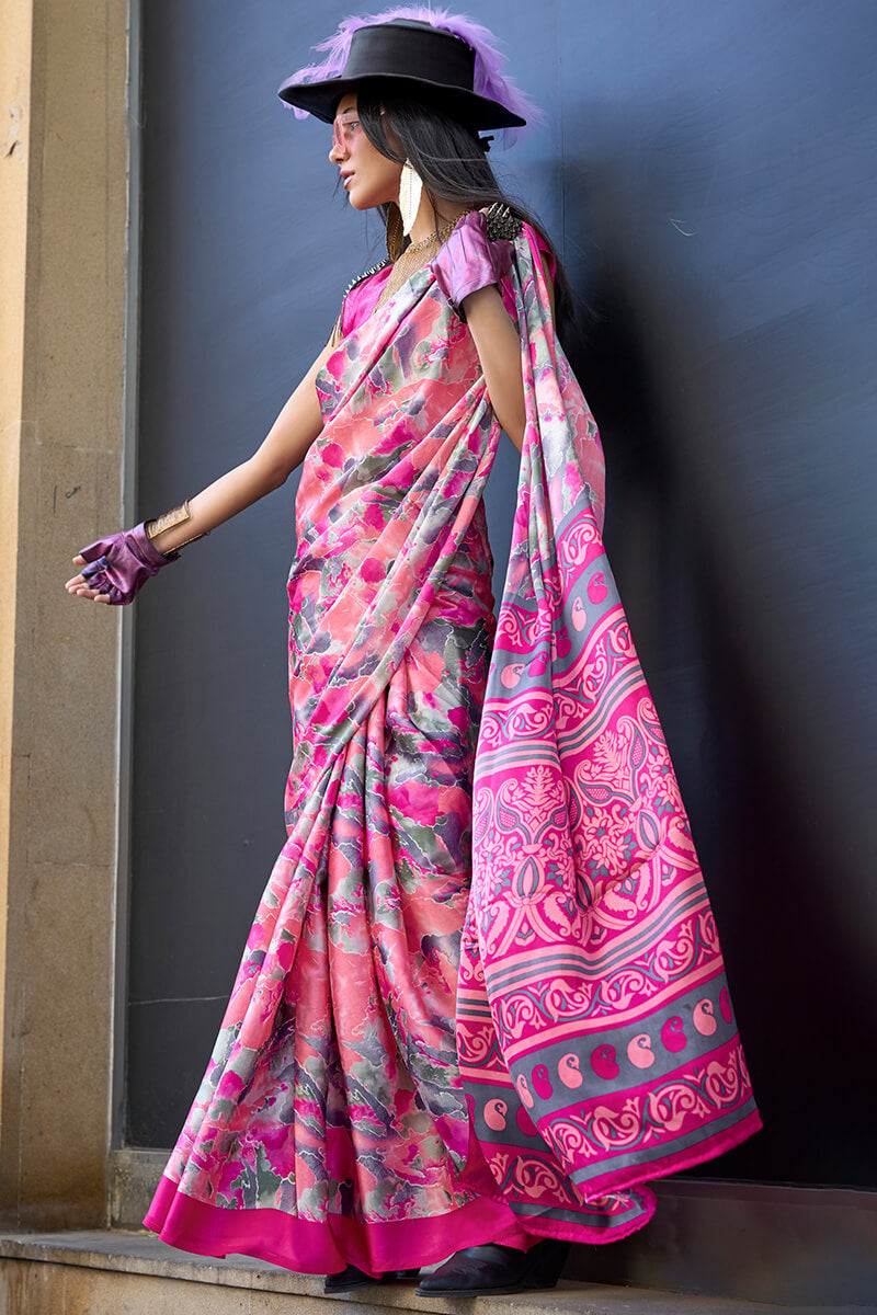 Beautiful Pink Digital Printed Satin Silk Saree With Outstanding Blouse Piece - Surats Fabric