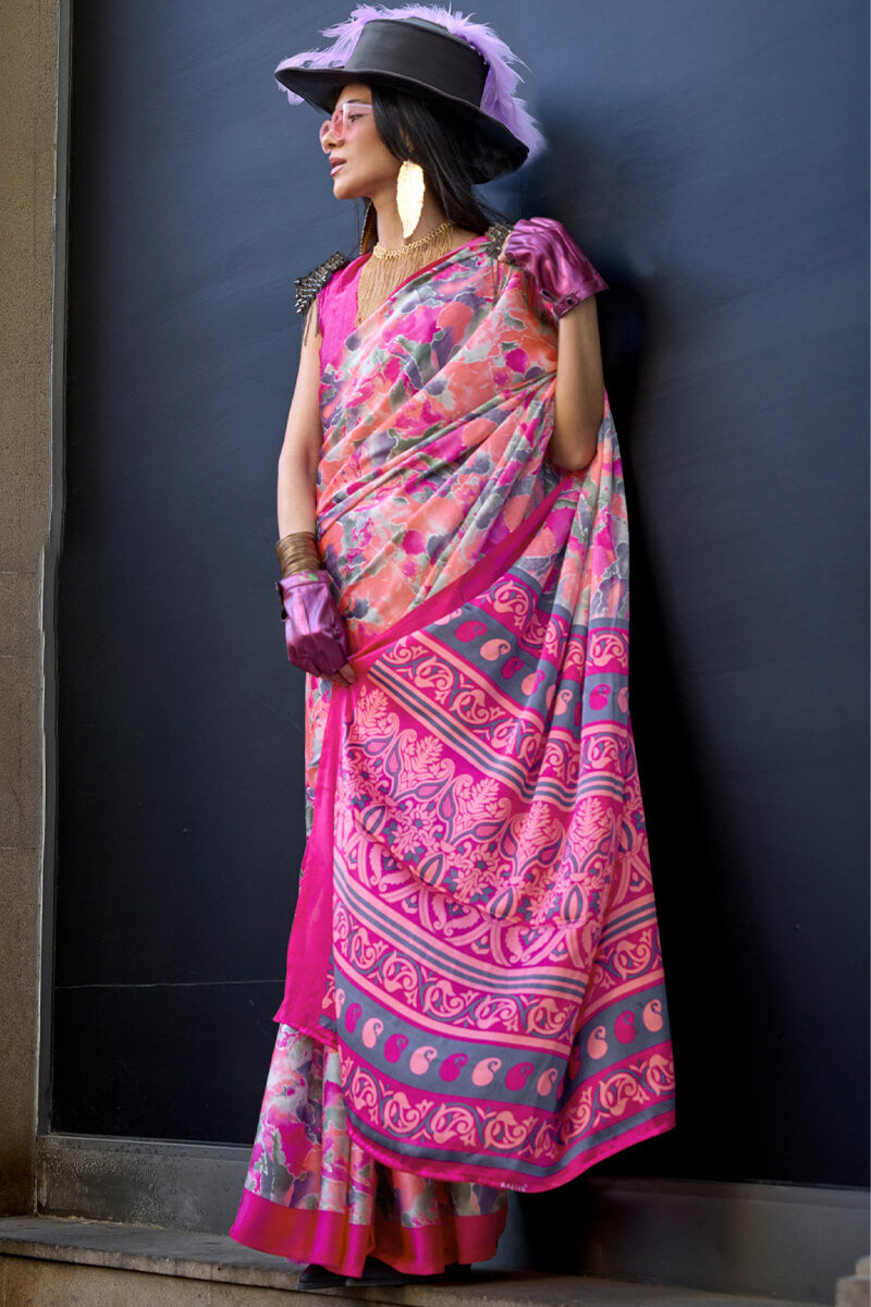 Beautiful Pink Digital Printed Satin Silk Saree With Outstanding Blouse Piece - Surats Fabric