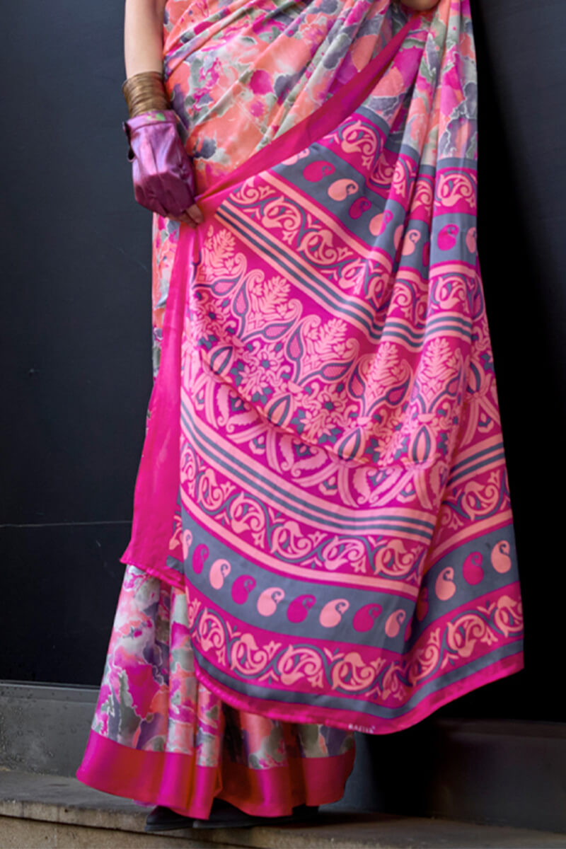 Beautiful Pink Digital Printed Satin Silk Saree With Outstanding Blouse Piece - Surats Fabric