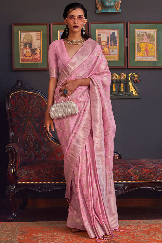 Arresting Pink Soft Banarasi Silk Saree With Delightful Blouse Piece - Surats Fabric