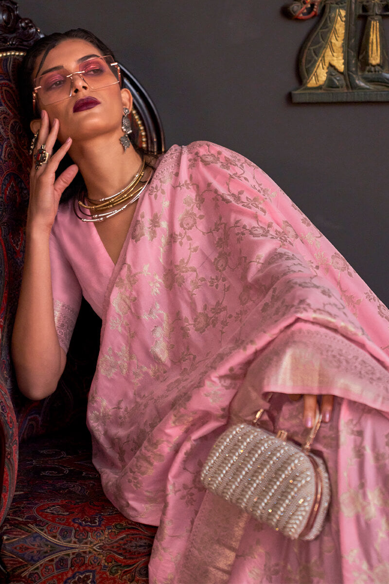 Arresting Pink Soft Banarasi Silk Saree With Delightful Blouse Piece - Surats Fabric