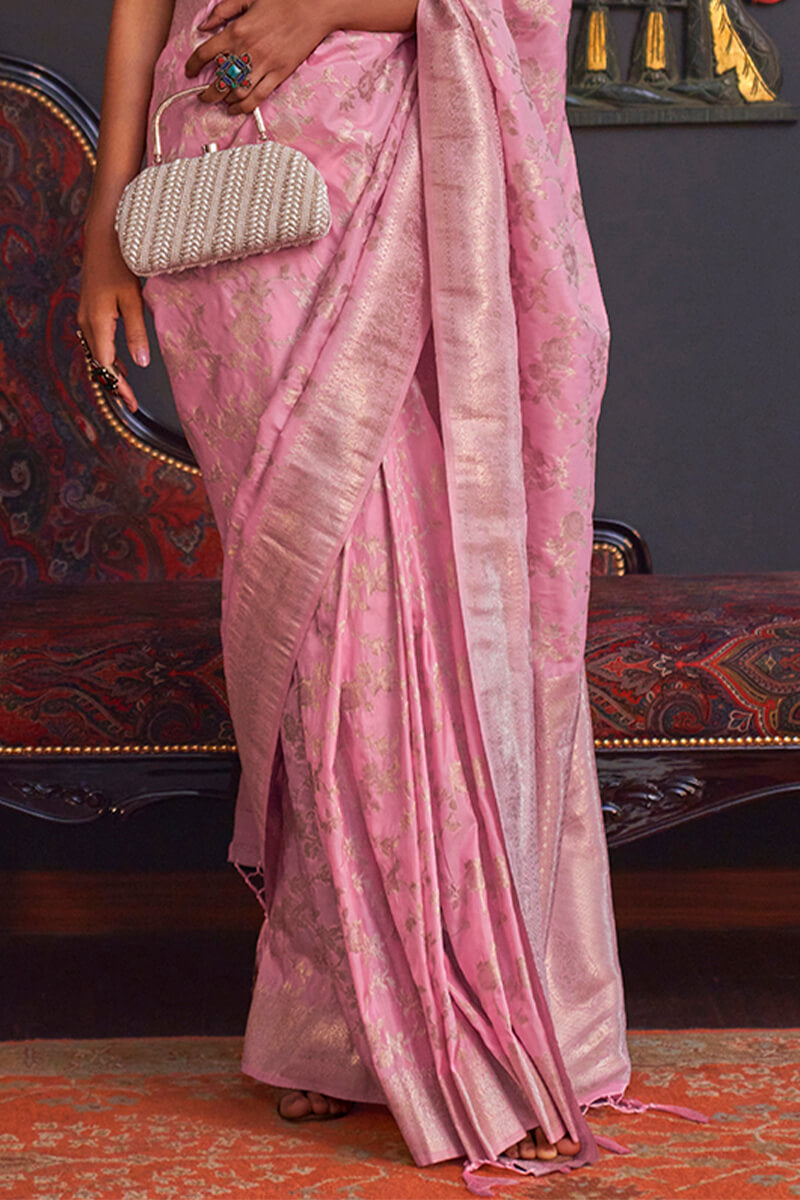Arresting Pink Soft Banarasi Silk Saree With Delightful Blouse Piece - Surats Fabric