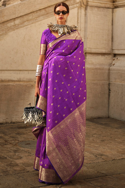 Beleaguer Purple Soft Banarasi Silk Saree With Whimsical Blouse Piece - Surats Fabric