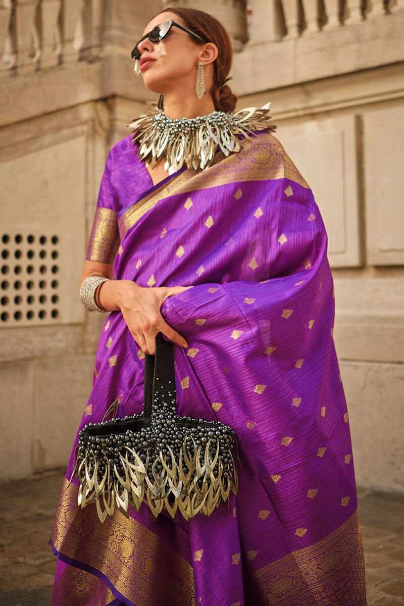 Beleaguer Purple Soft Banarasi Silk Saree With Whimsical Blouse Piece - Surats Fabric