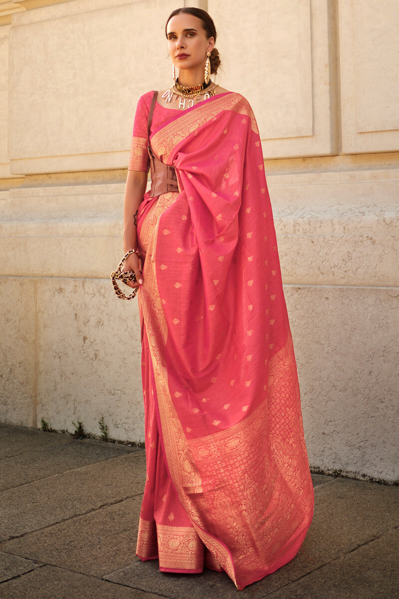 Capricious Pink Soft Banarasi Silk Saree With Seraphic Blouse Piece - Surats Fabric