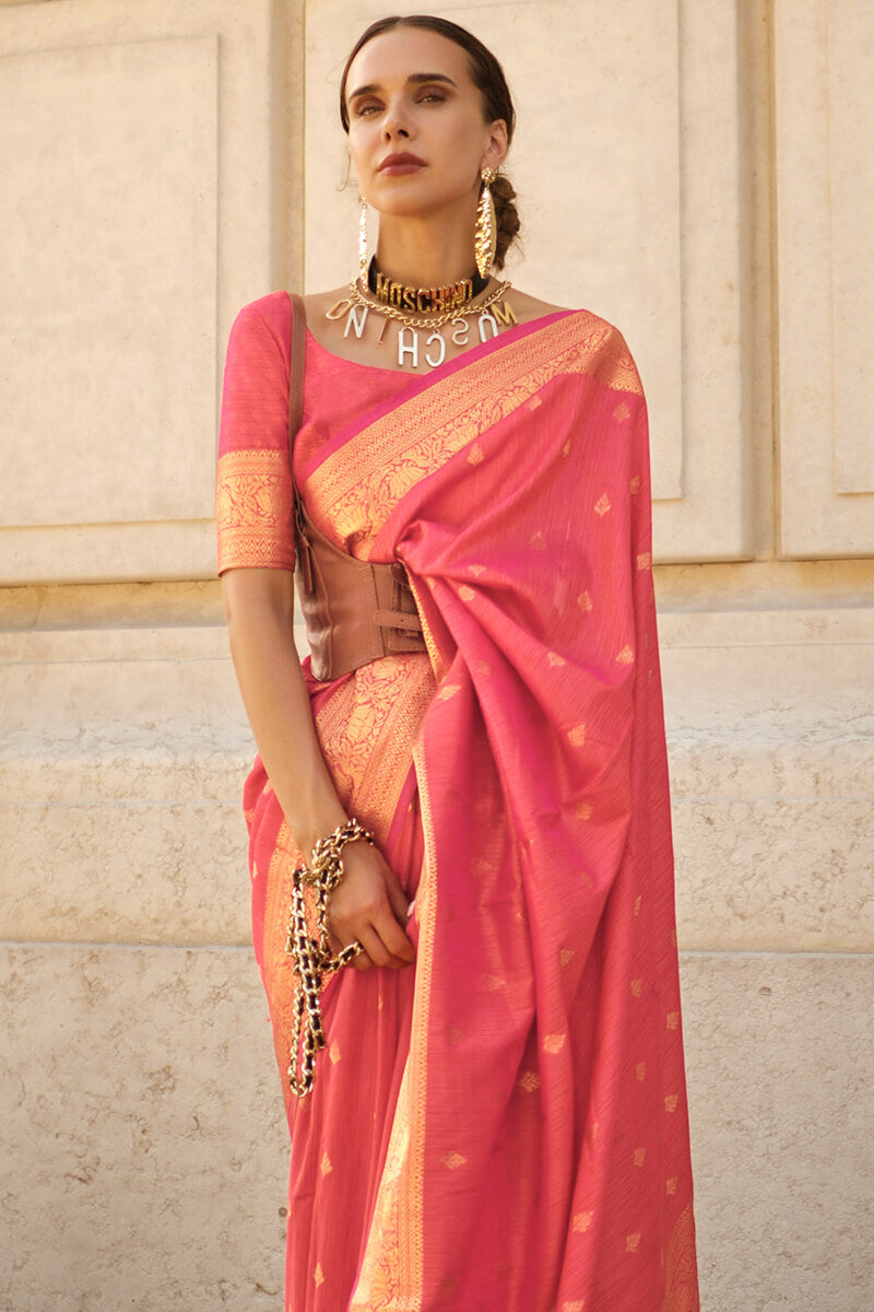 Capricious Pink Soft Banarasi Silk Saree With Seraphic Blouse Piece - Surats Fabric