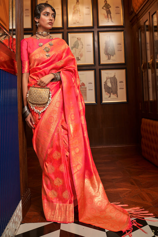 Beautiful Pink Kanjivaram Silk Saree With Adorning Blouse Piece - Surats Fabric