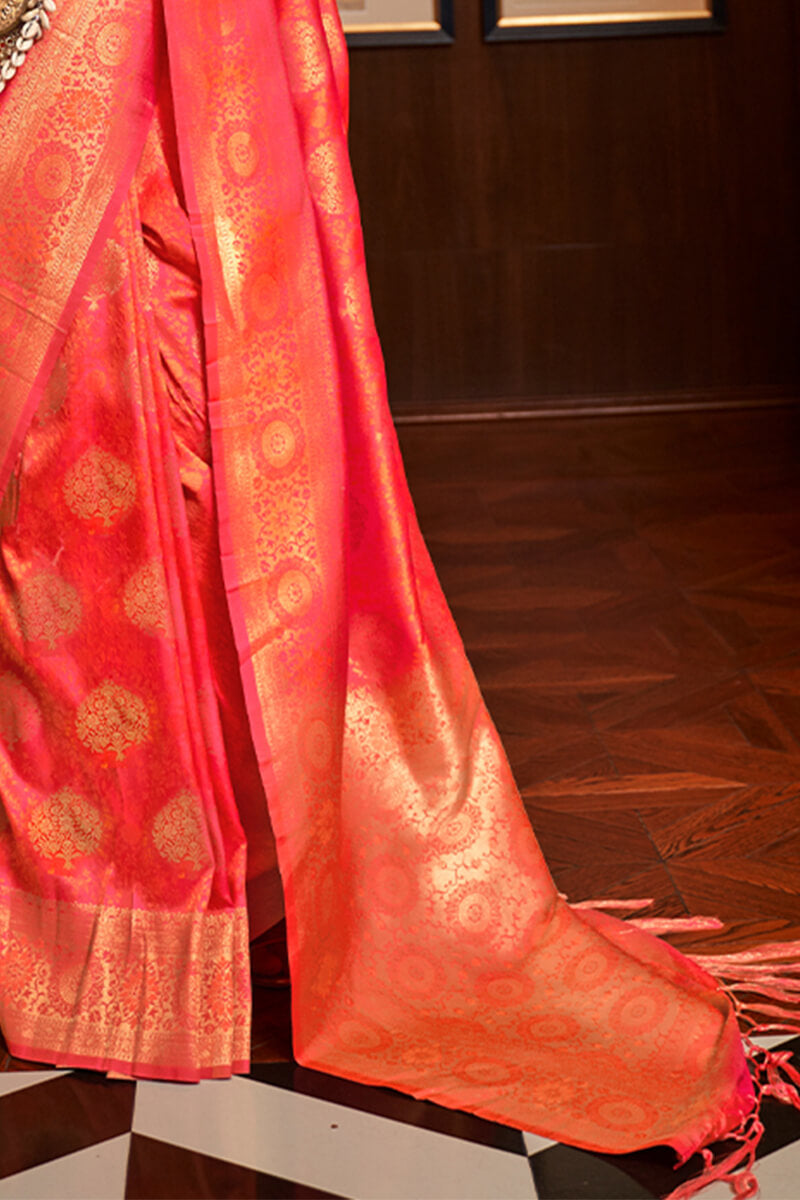 Beautiful Pink Kanjivaram Silk Saree With Adorning Blouse Piece - Surats Fabric