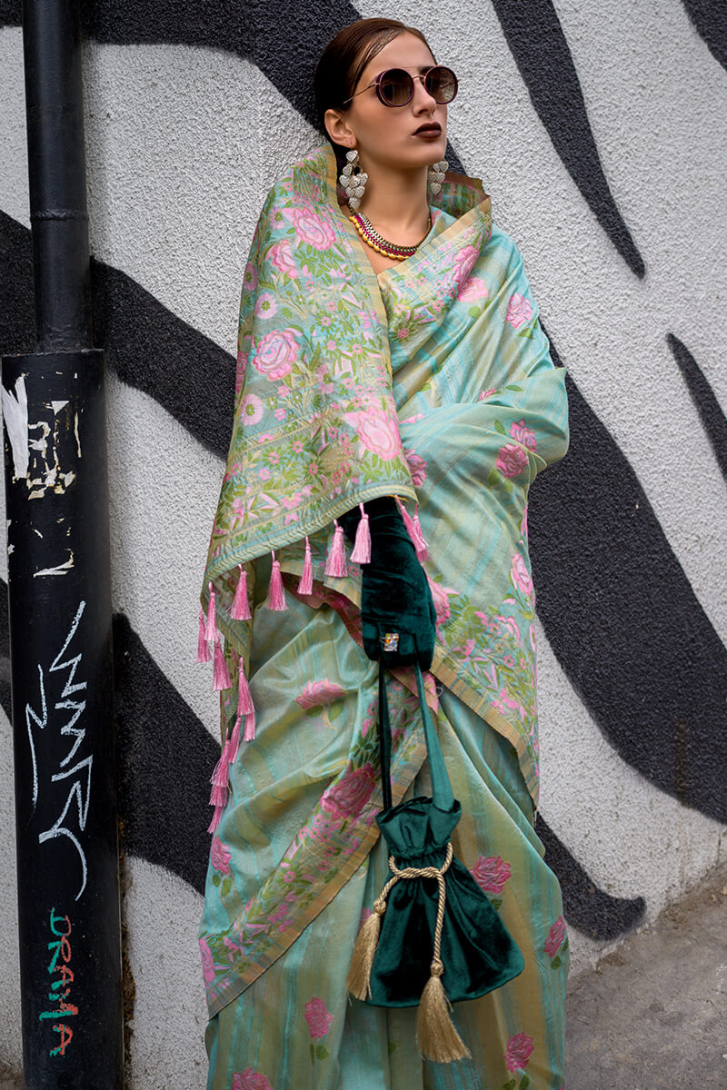 Bucolic Pista Parsi Handloom Woven Banarasi Silk Saree With Blouse Piece - Surats Fabric