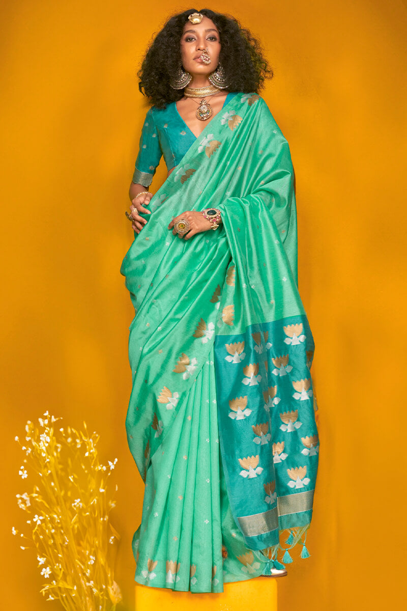 Assemblage Turquoise  Soft Banarasi Silk Saree With Epiphany Blouse Piece - Surats Fabric